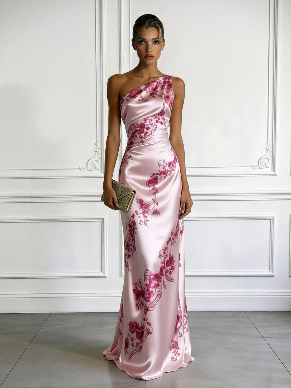 Elegant One-shoulder Floral Satin Maxi Dress