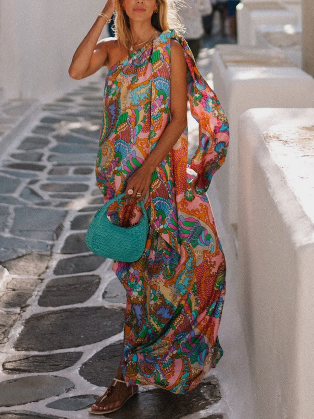 Elegant Breeze Satin Unique Print Bow One Shoulder Loose Maxi Dress