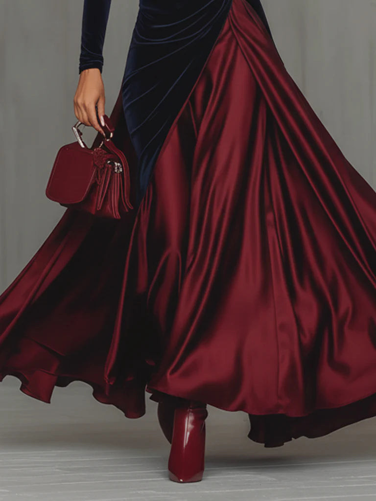 Elegant Velvet Satin Color-blocked Maxi Dress