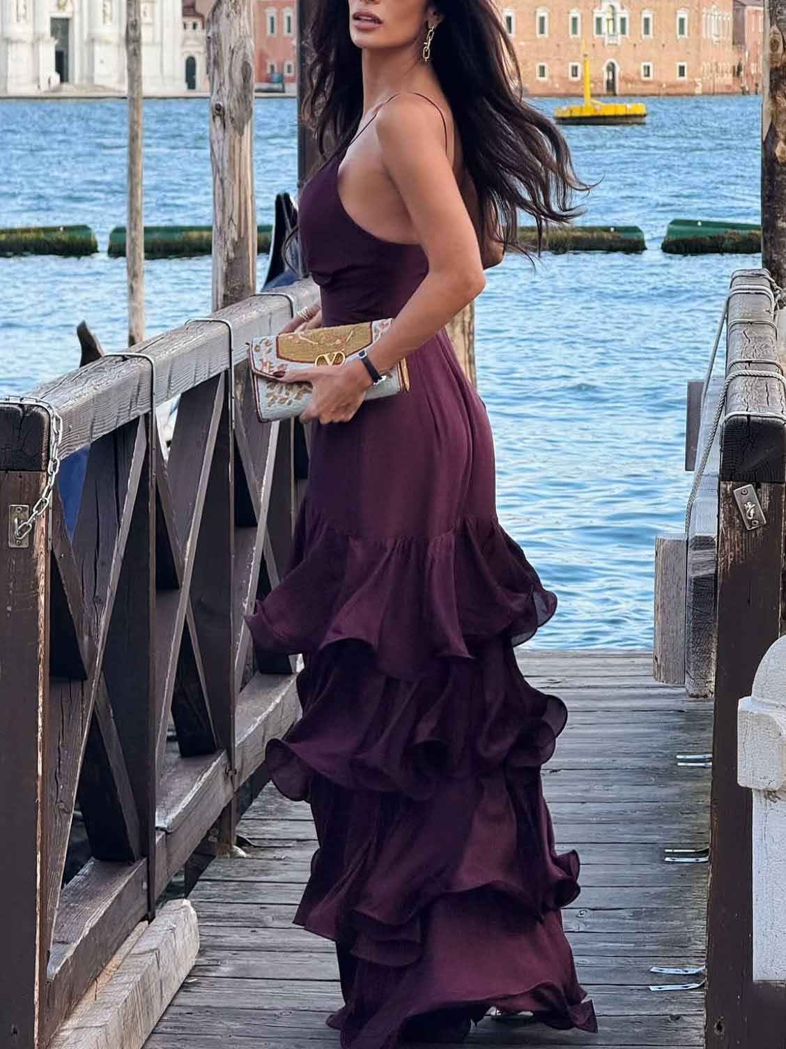 Elegant Deep V-Neck Tiered Ruffle Maxi Dress