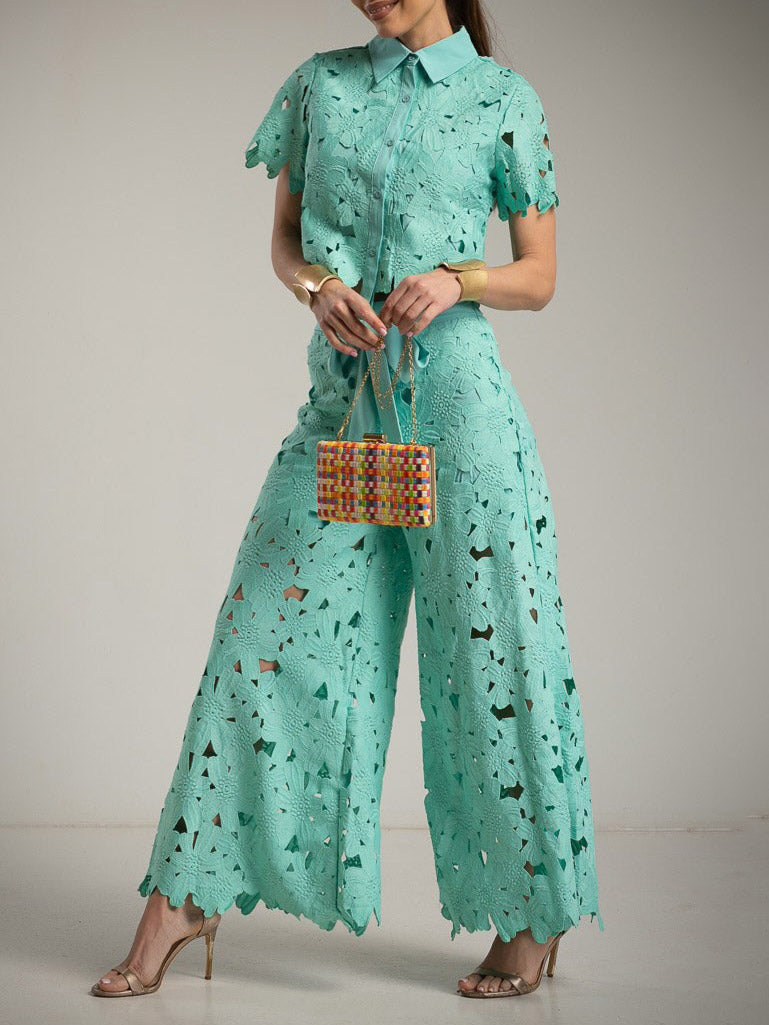 Casual Cutout Lace Shirt & Wide-Leg Pants Two-Piece Set