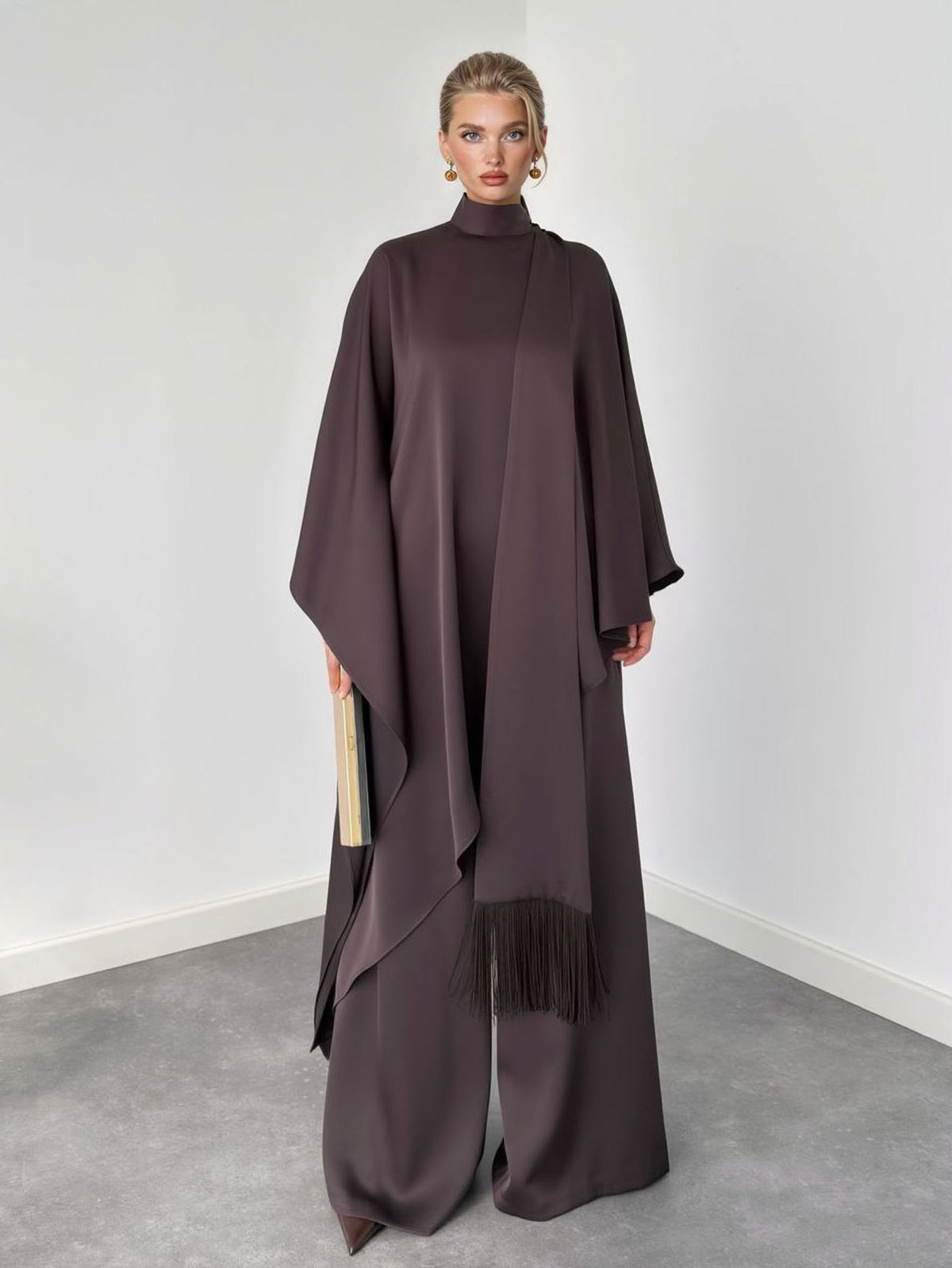 Elegant High-Neck Draped Top And Wide-Leg Pants Set