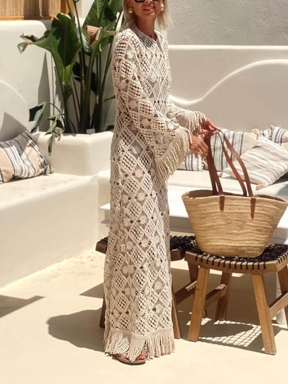 Exquisite Tassel-Trimmed Lace Bell Sleeve Maxi Vacation Dress