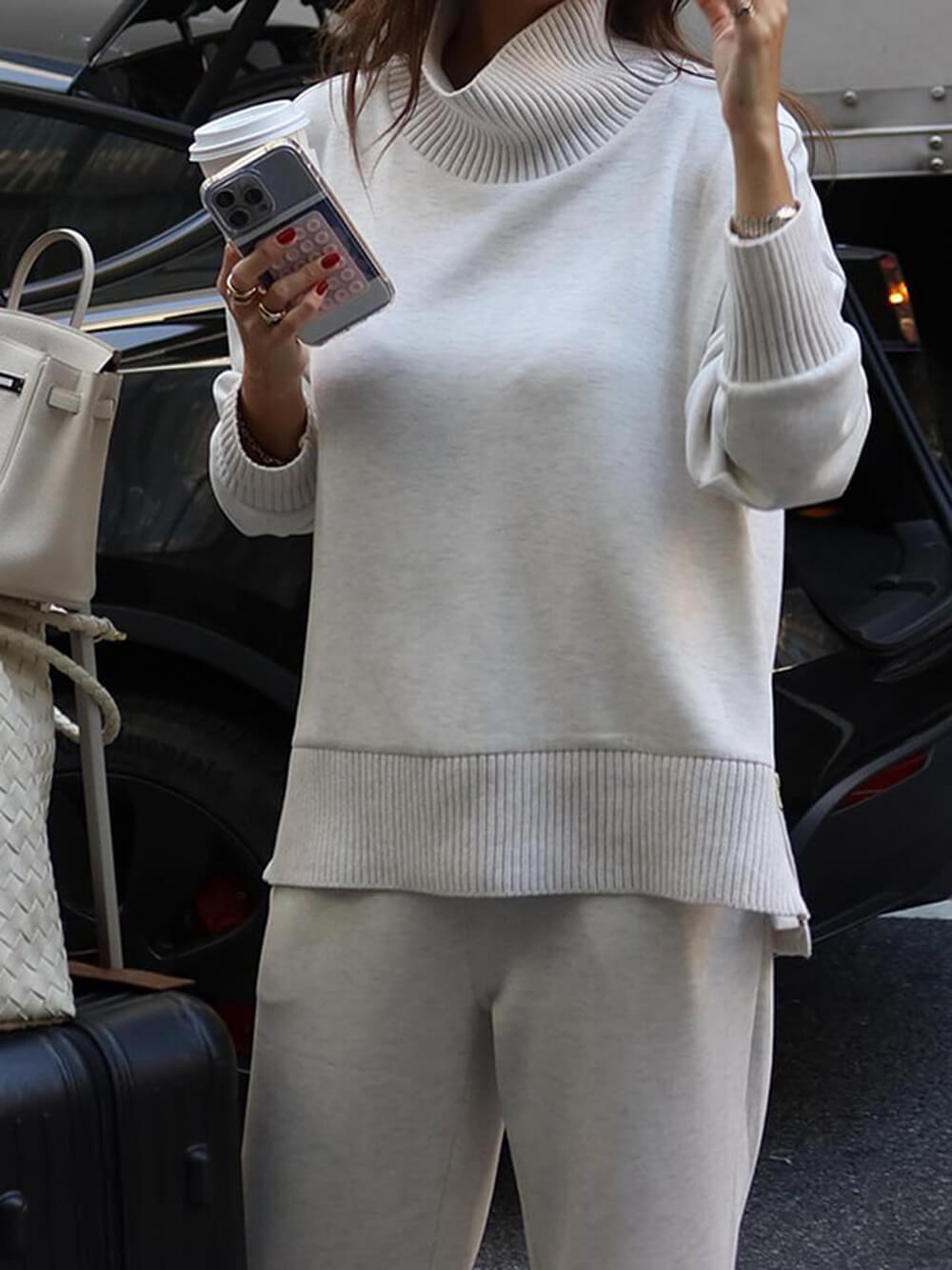 Classic Double Soft Turtleneck Side Zipper Sweatshirt and Elastic Waist Pocketed Loose Pants Set