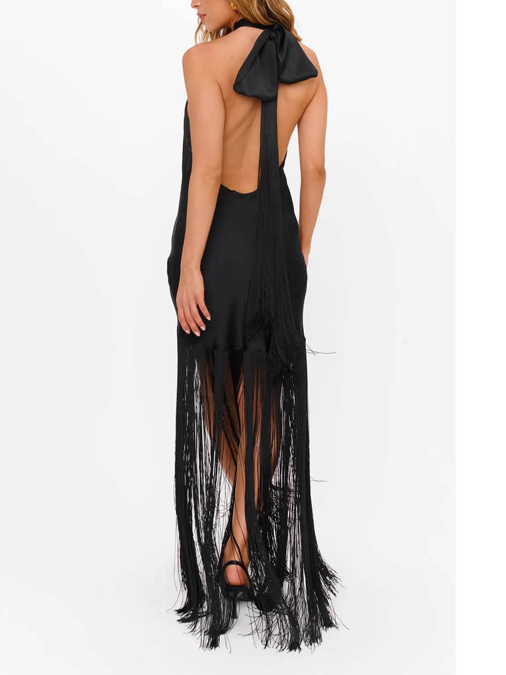 Fashionable Fringe Paneled Draped Detail Open Back Maxi Dress