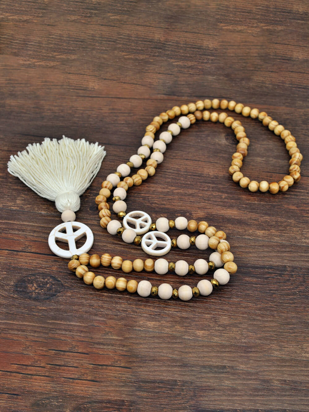 Wooden Beads Tassel and Peace Charm Pendant Long Necklace