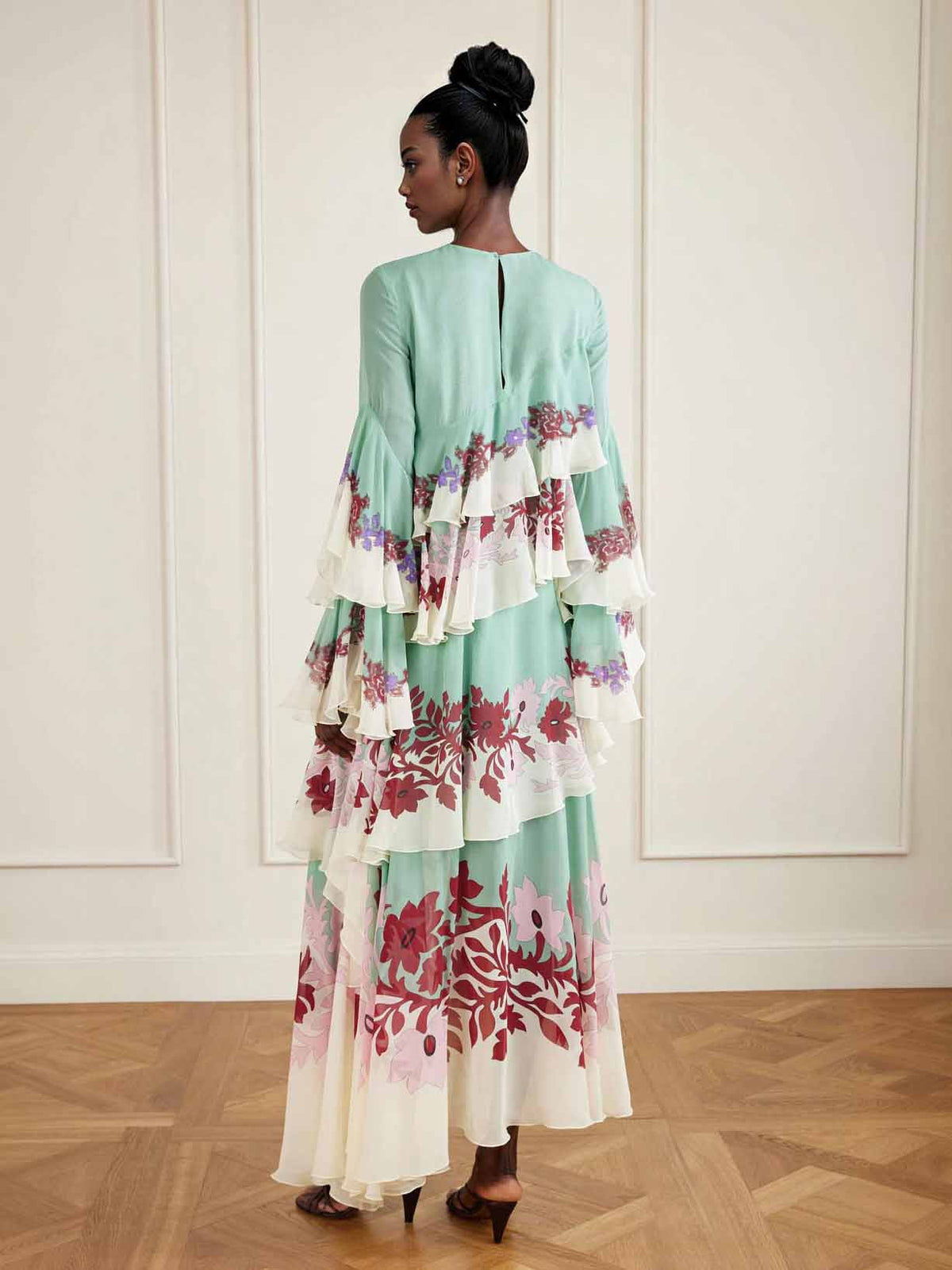 Elegant Floral Print Layered Ruffle Maxi Dress
