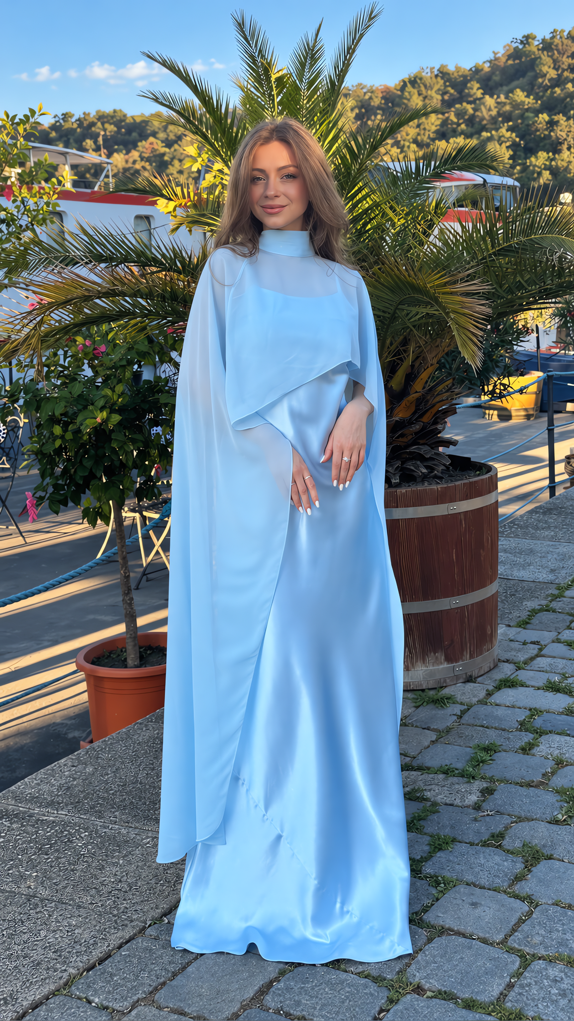 Light Blue High Neck Capelet Satin Maxi Dress Elegant Formal Evening Gown
