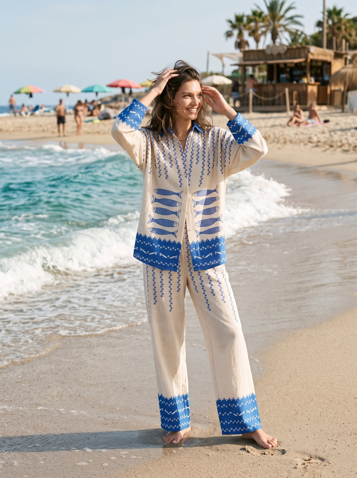 Unique Ocean Print Oversized Shirt and Elastic Waist Pocket Pants Set