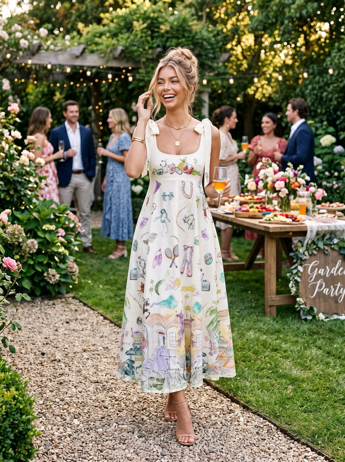 Exquisite Fantasy Floral Print Lace-up Maxi Dress