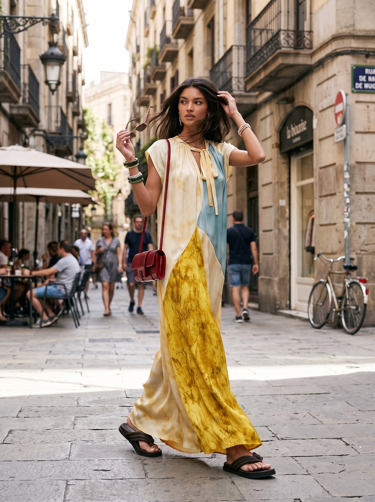 Unique Tie-neck Patchwork Printed Satin Maxi Dress