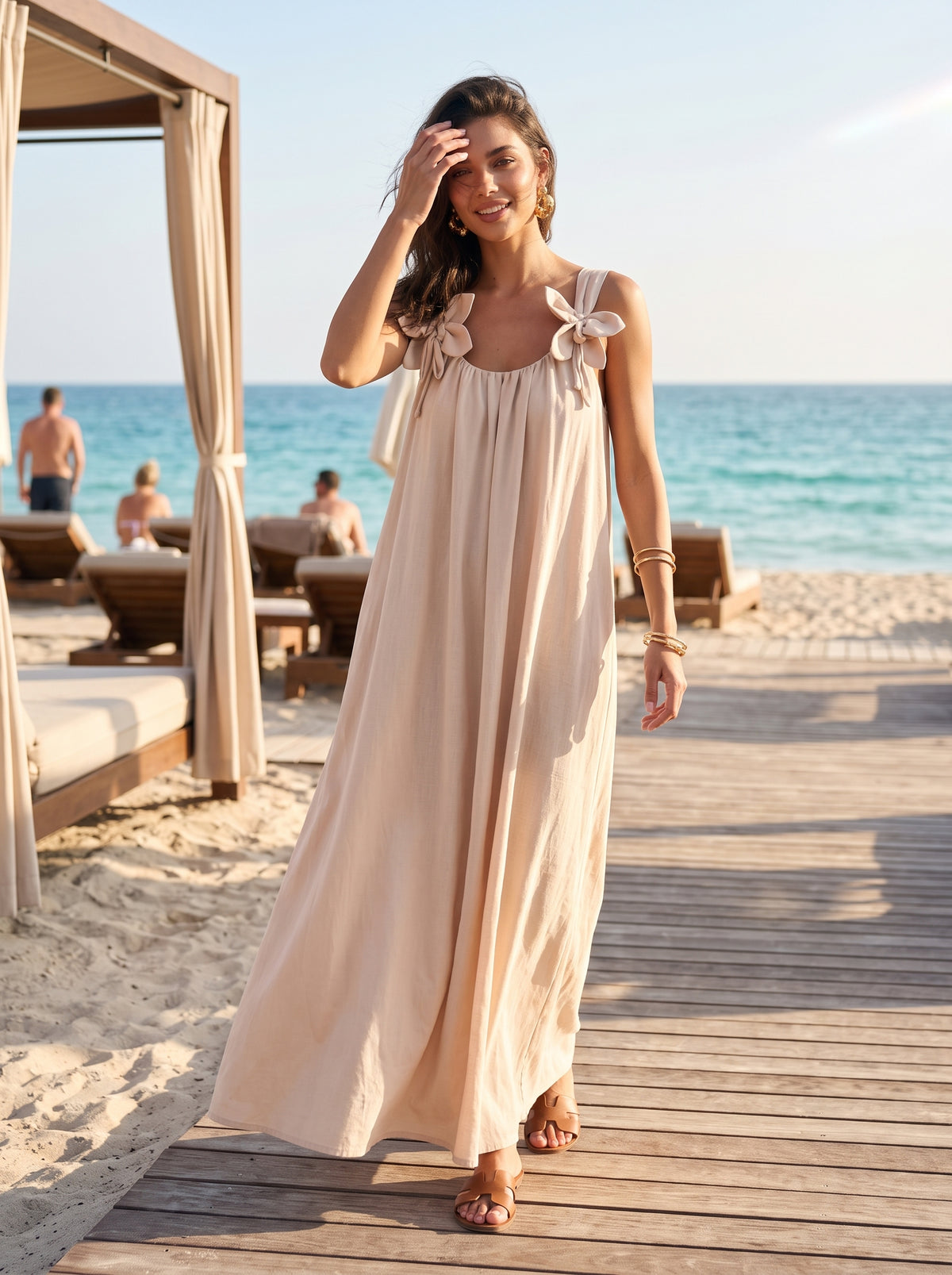 Classic Solid Floral Embellished Sleeveless Loose Maxi Dress