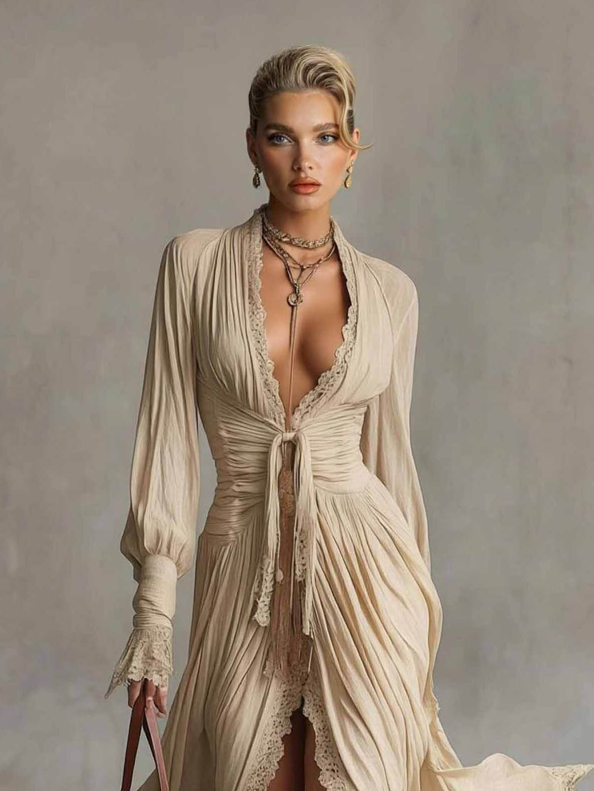 Casual Lace-Trimmed Ruffled Shirt Dress