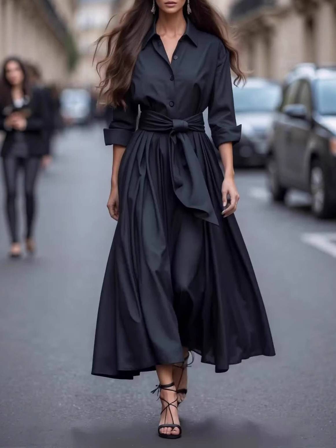 Minimalist Lace-up Design Long Sleeve Maxi Dress