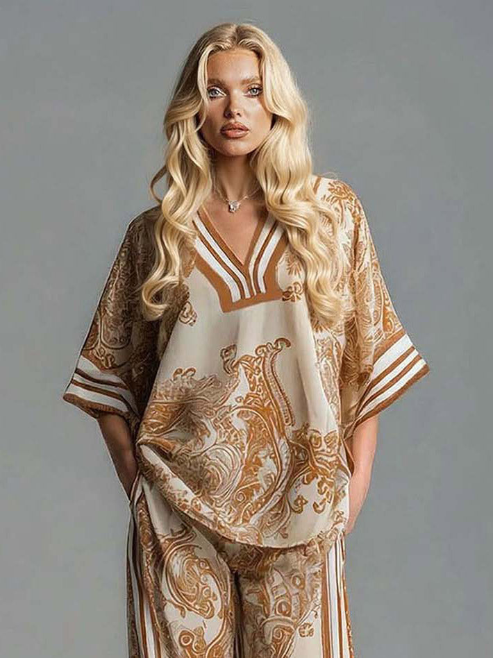 Bohemian Paisley Print Top & Wide-Leg Pants Two-Piece Set
