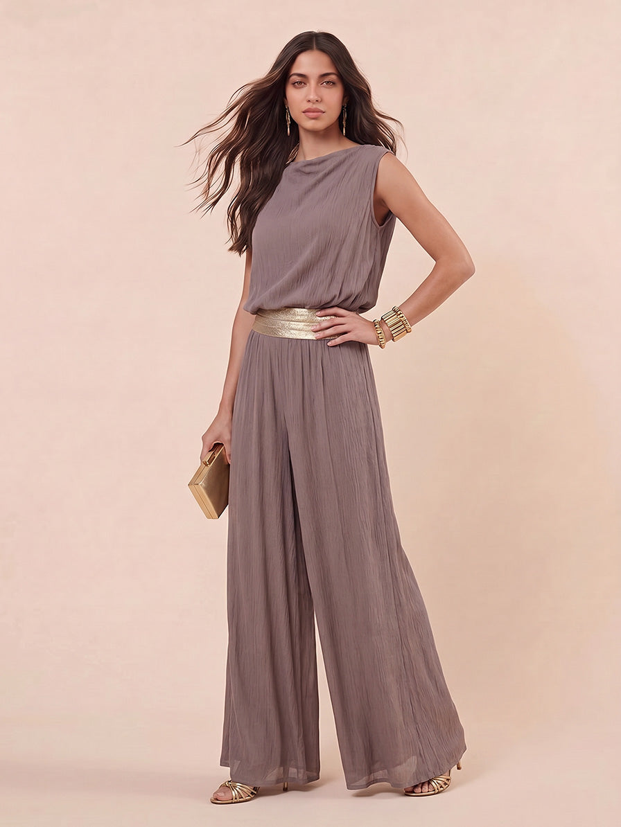 Casual Sleeveless Top & Gold Belt Flowing Wide-Leg Pants Two-Piece Set