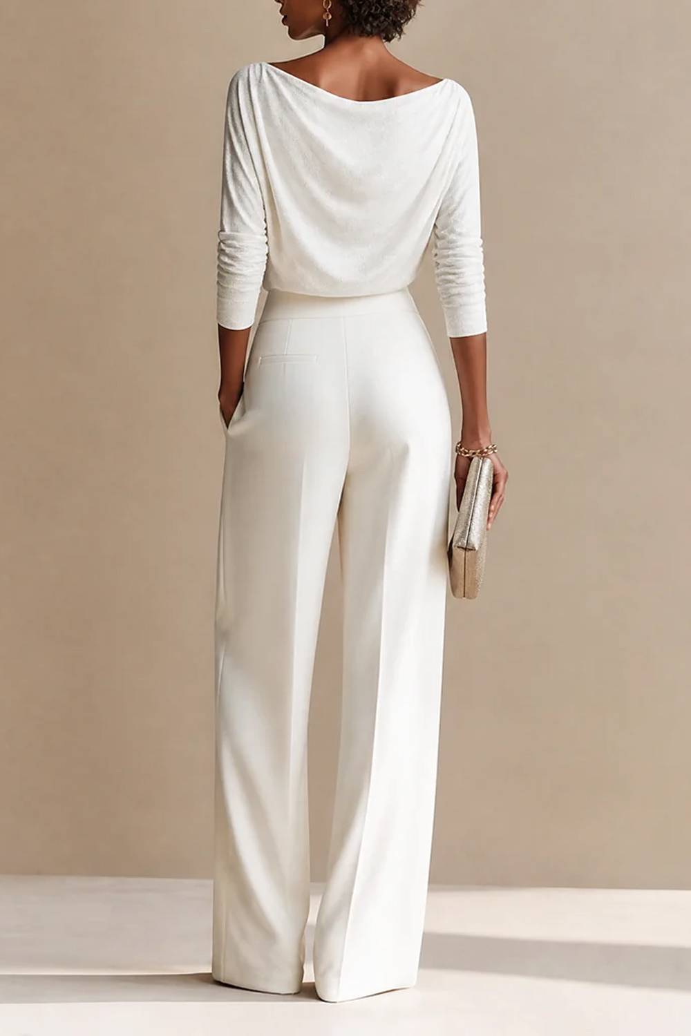 Draped Cowl Neck Long Sleeve Top & High Waist Pleated Wide Leg Pants Two‑Piece Set