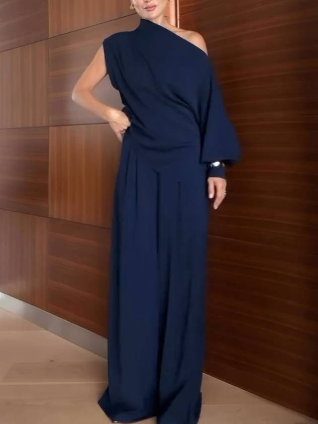 Off-shoulder Single-sleeve Shirt And Wide Leg Pants Suit