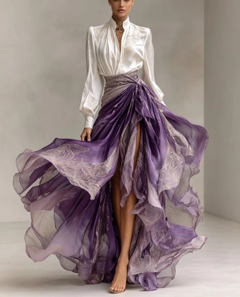 Two-piece Embroidered Satin Shirt With Vertical Collar Gradient Purple Kink Split Floating Dress