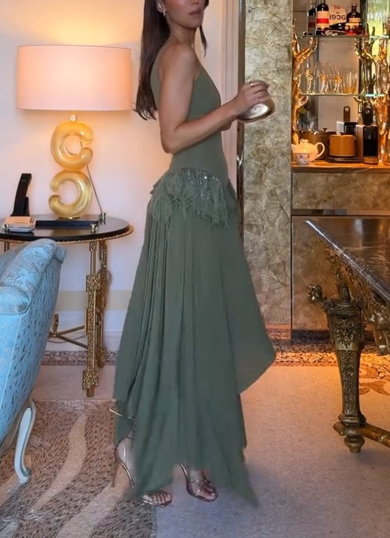 Sage Green V-Neck Sleeveless Maxi Dress Sequin Fringe Irregular Hem Evening Gown