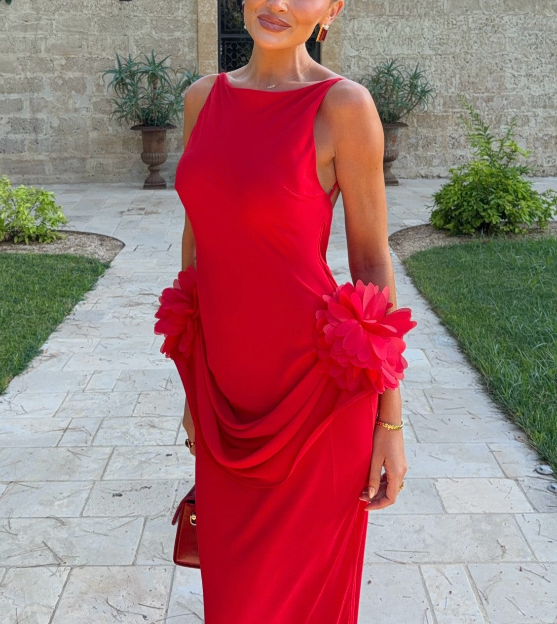 Red Sleeveless Maxi Evening Dress with 3D Floral Draped Detail