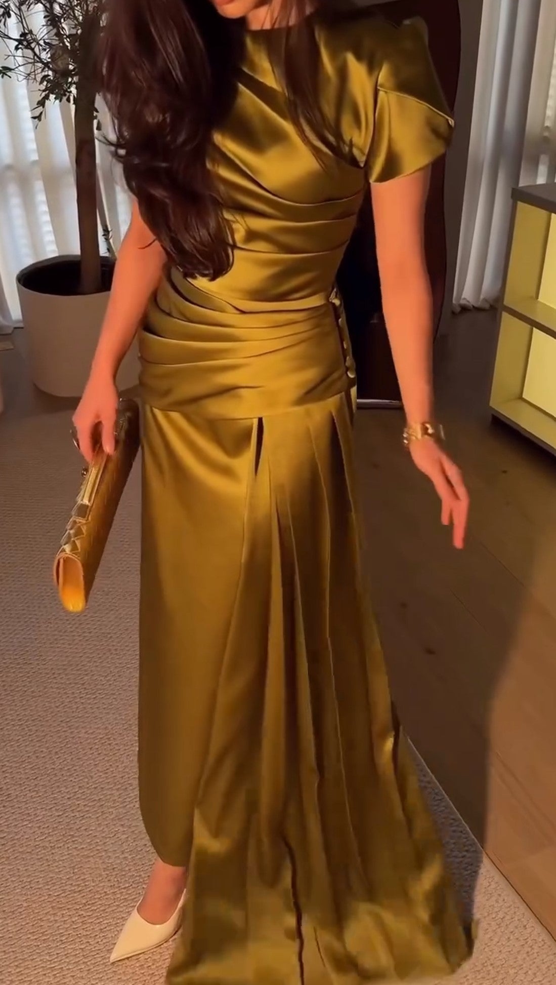 Olive Green Satin Ruched Maxi Dress Short Sleeve Formal Gown