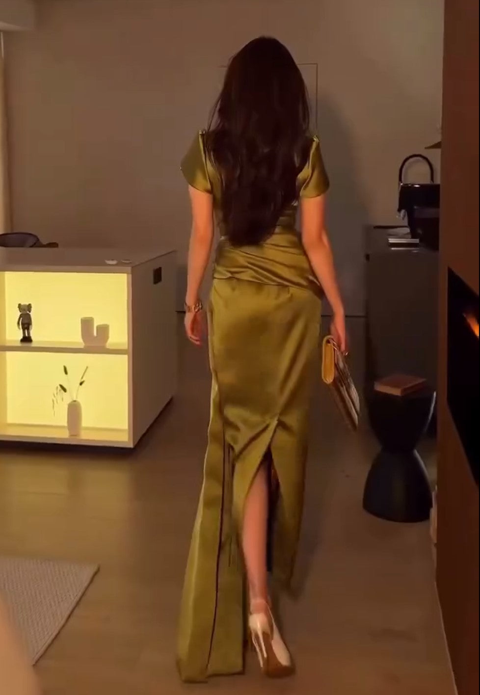 Olive Green Satin Ruched Maxi Dress Short Sleeve Formal Gown