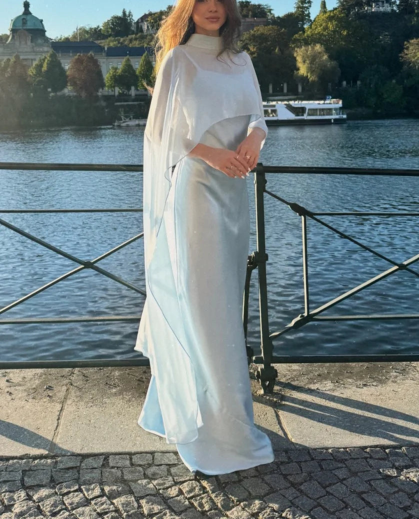 Light Blue High Neck Capelet Satin Maxi Dress Elegant Formal Evening Gown