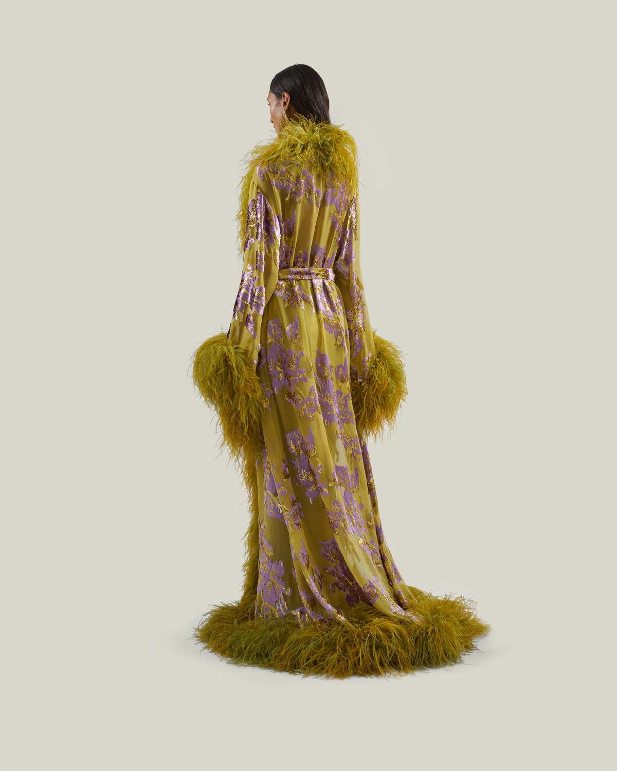 Sheer Floral Sequin Print Long Robe With Faux Feather Trim, Flare Sleeve Maxi Cover Up Gown