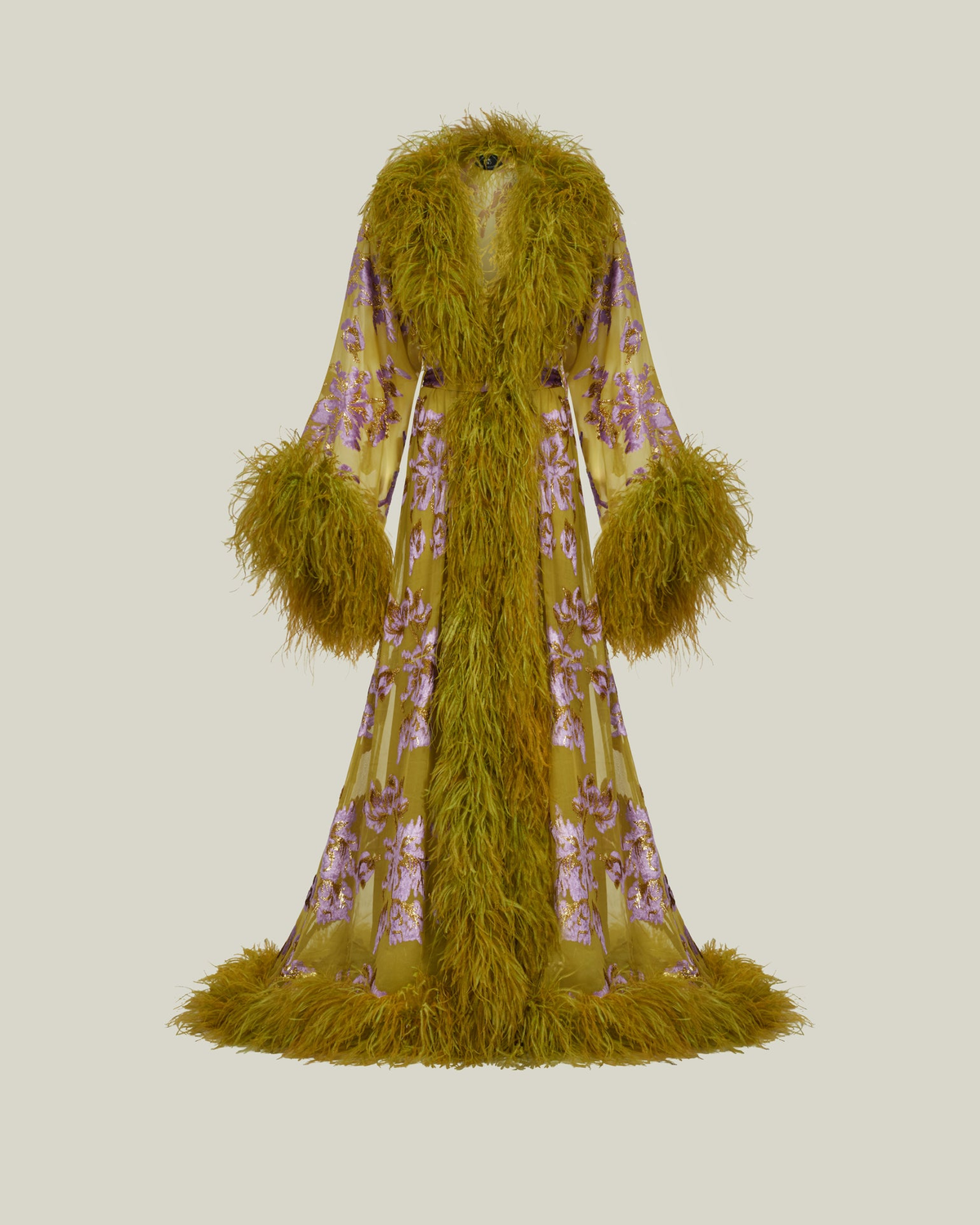 Sheer Floral Sequin Print Long Robe With Faux Feather Trim, Flare Sleeve Maxi Cover Up Gown