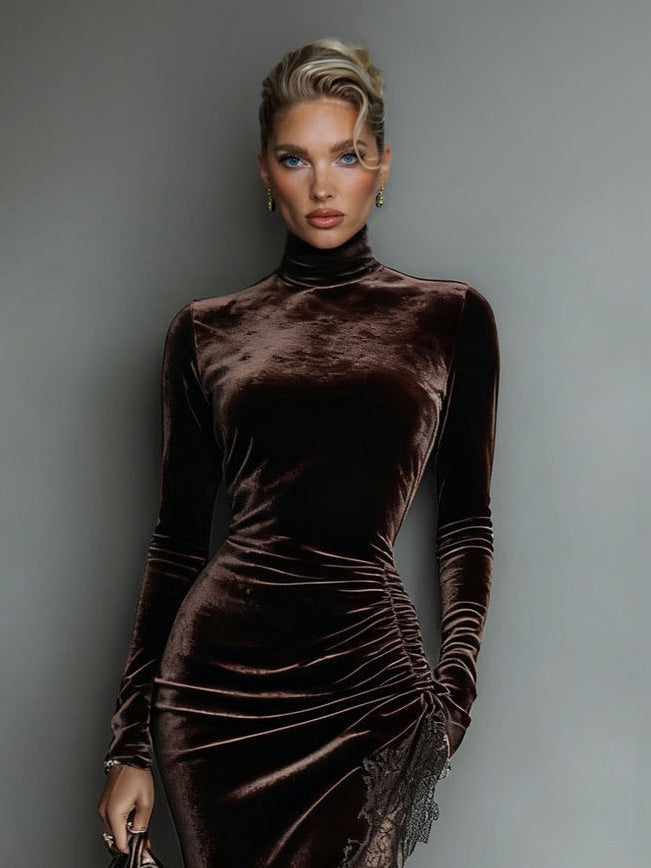 Elegant Lace-trimmed Drawstring Slit Maxi Dress
