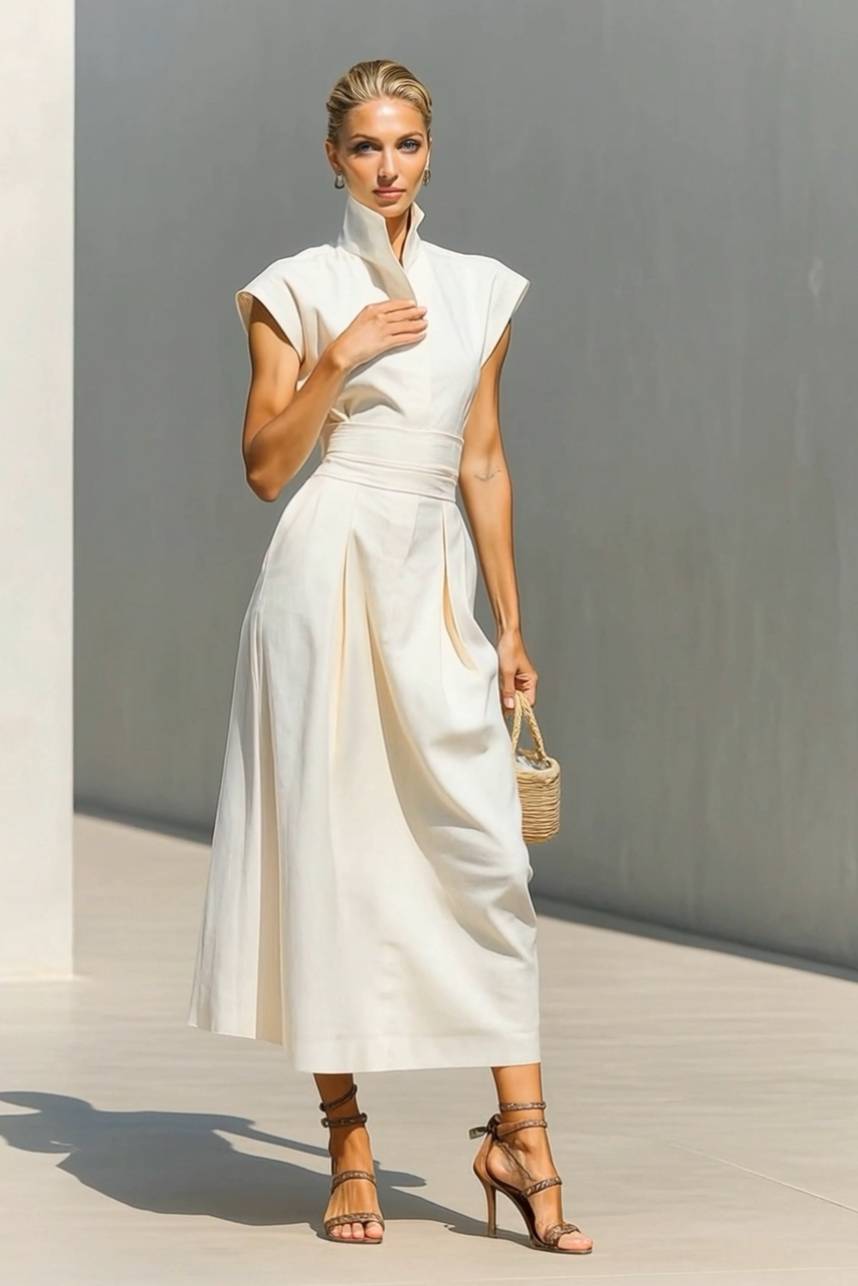 Stand-Collar High-waisted Midi Dress