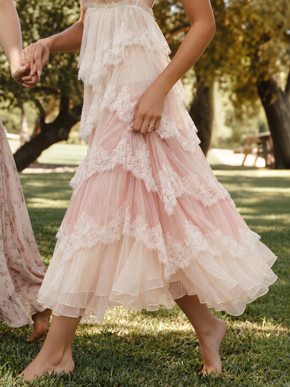 Ombre Tiered Lace Trim Spaghetti Strap Maxi Dress
