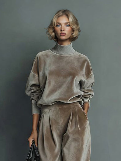 Elegant High-neck Velvet Pleated Wide-leg Pants Two-piece Set