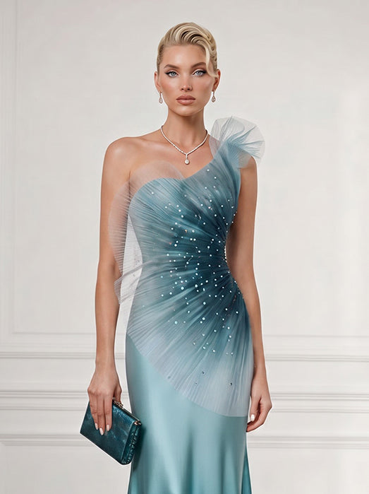 Elegant Gradient One-Shoulder Tulle Satin Maxi Dress