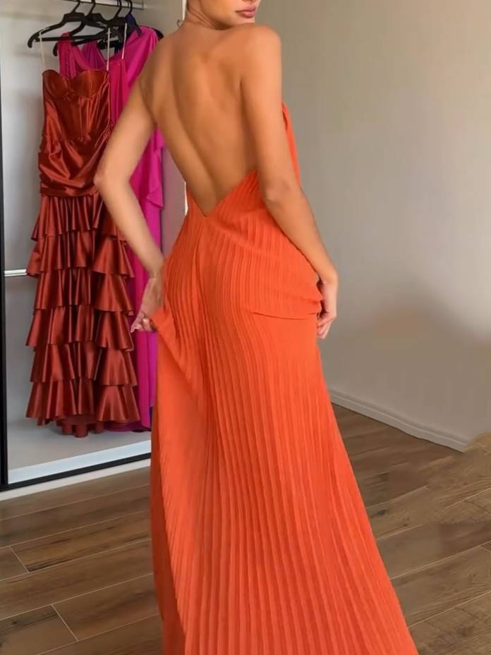 Minimalist Metal Choker Pleated Maxi Dress
