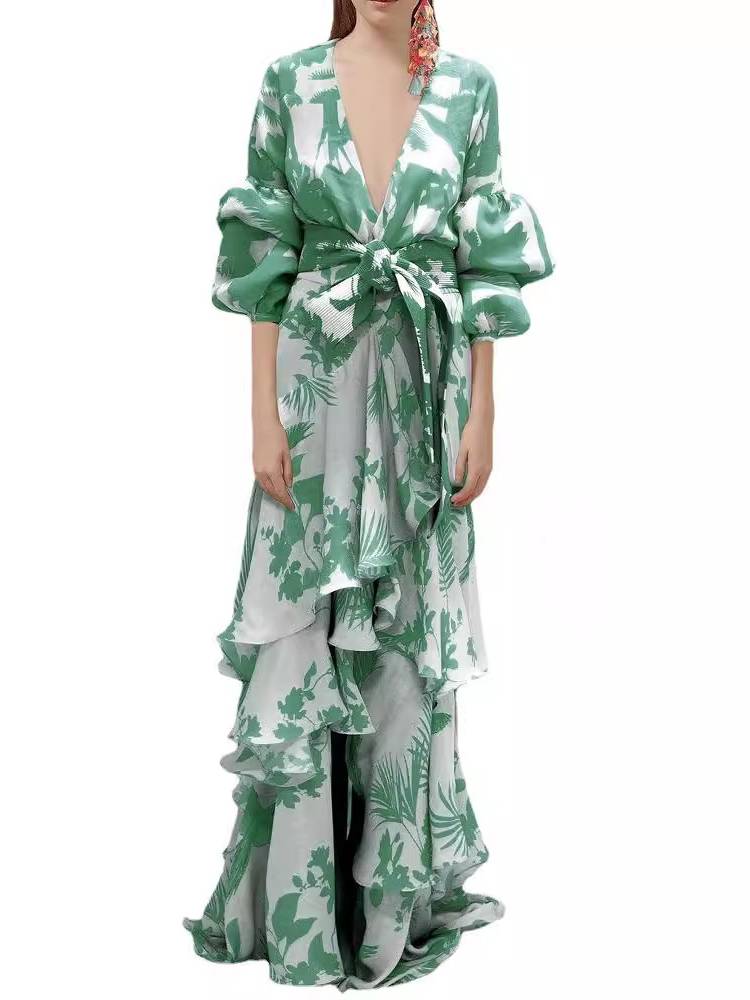 Unique Print Deep V Neck Dress