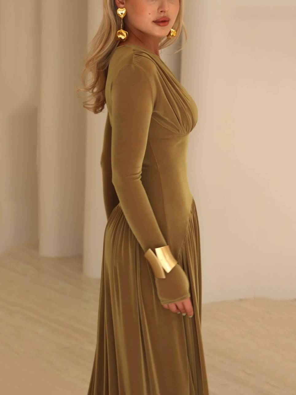 V-Neck Velvet Pleated Maxi Dress