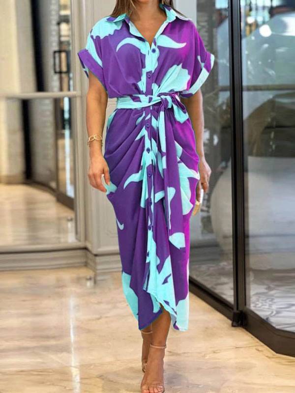 V-Neck Pleated Belt Short Sleeve Dress