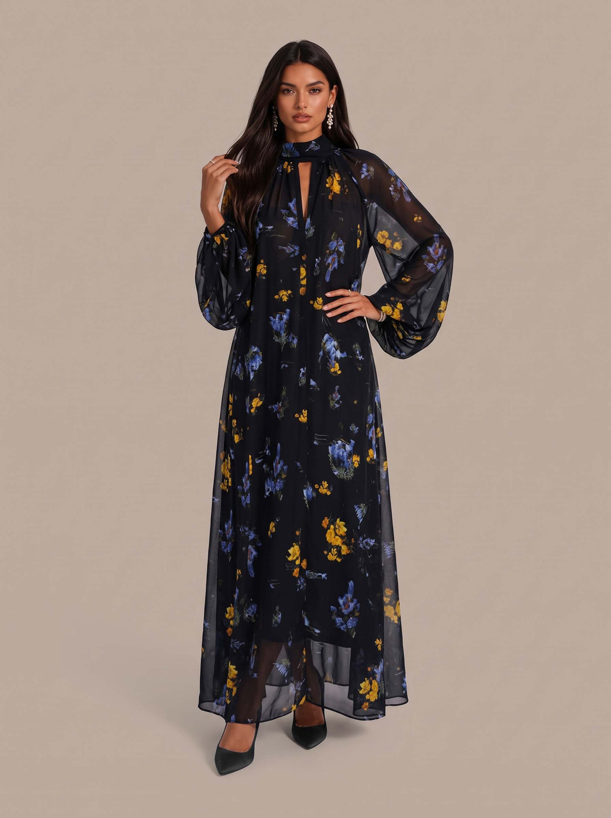 Elegant Floral Print High-Neck Lantern Sleeve Bohemian Maxi Dress