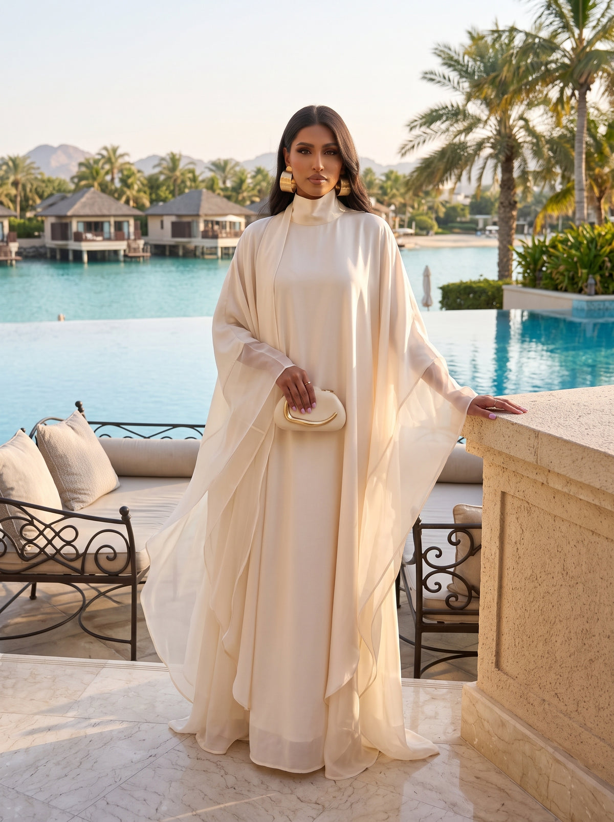 Elegant High-Neck Flowing Cape Maxi Dress