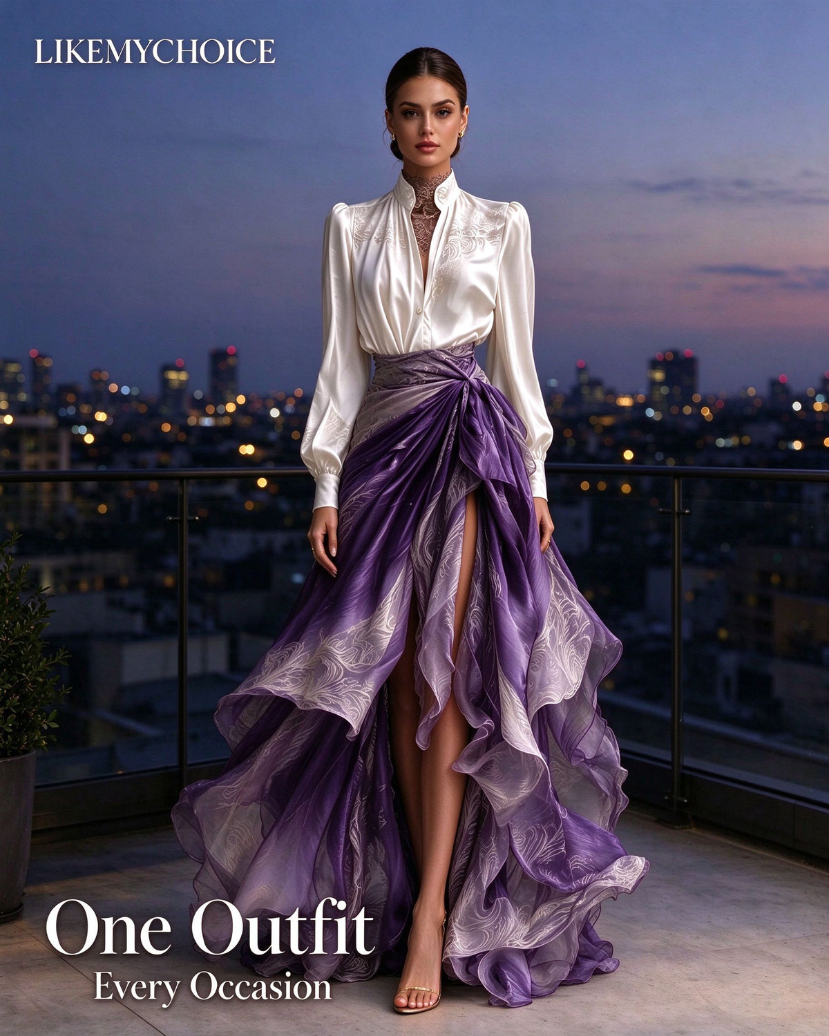 Two-piece Embroidered Satin Shirt With Vertical Collar Gradient Purple Kink Split Floating Dress