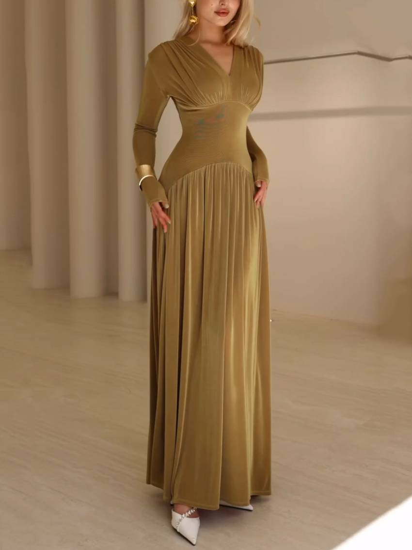 V-Neck Velvet Pleated Maxi Dress