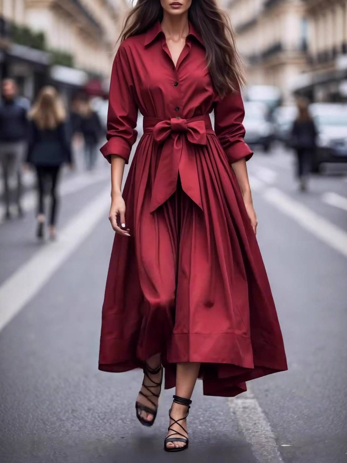 Minimalist Lace-up Design Long Sleeve Maxi Dress