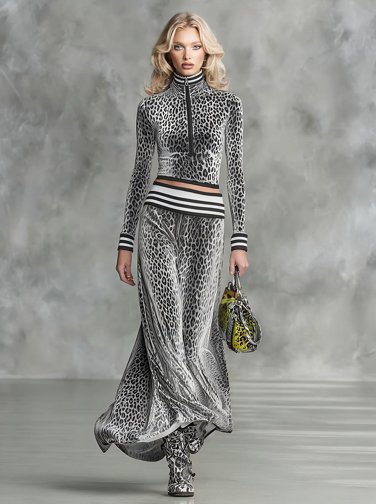 Retro Stand-Up Collar Leopard Print Velvet Top & Maxi Skirt Set