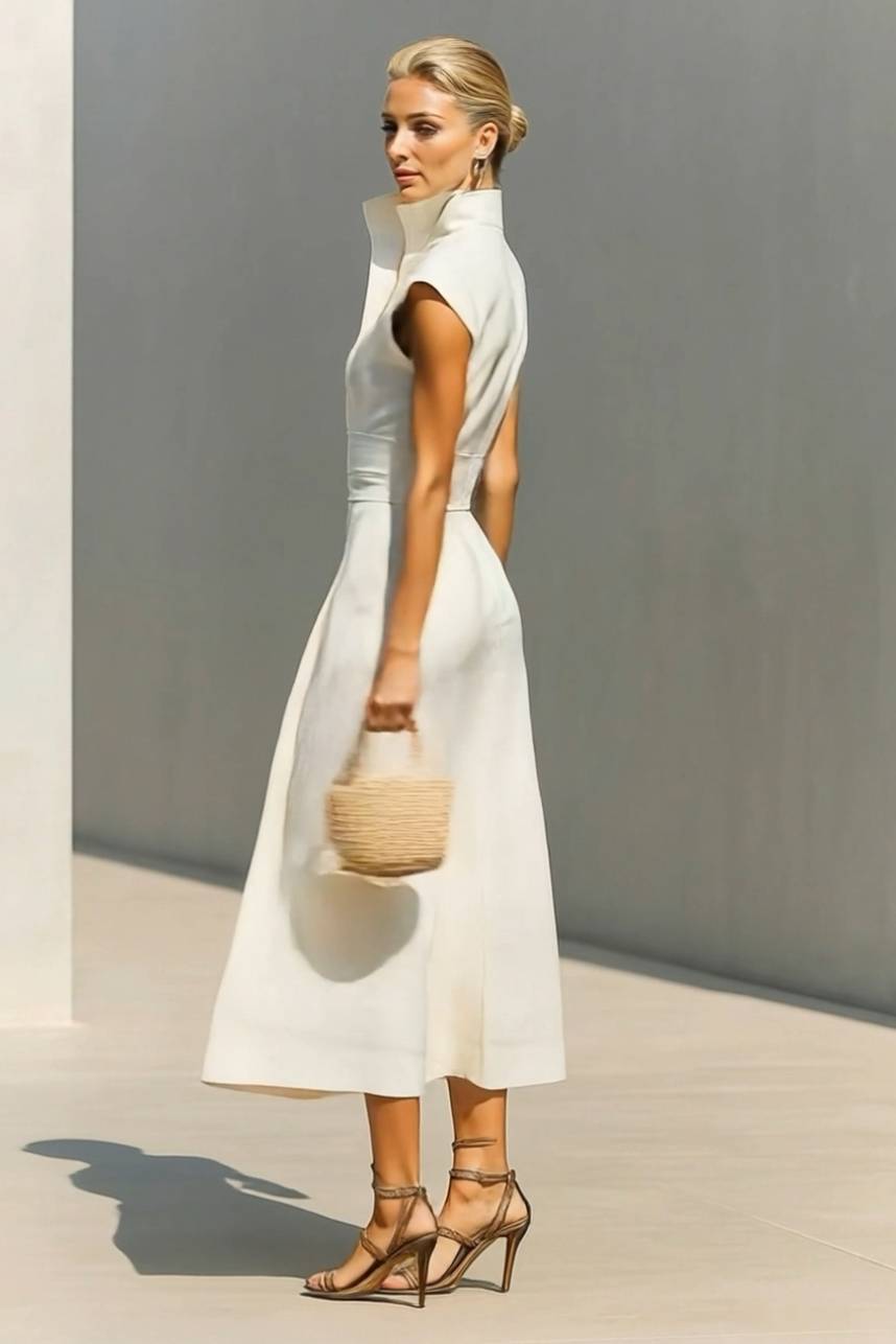 Stand-Collar High-waisted Midi Dress