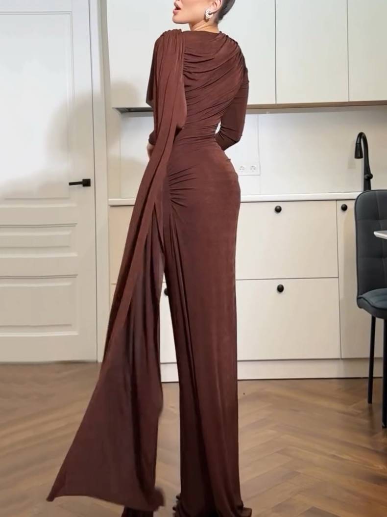 Irregular Shawl Ribbon Pleated Maxi Dress