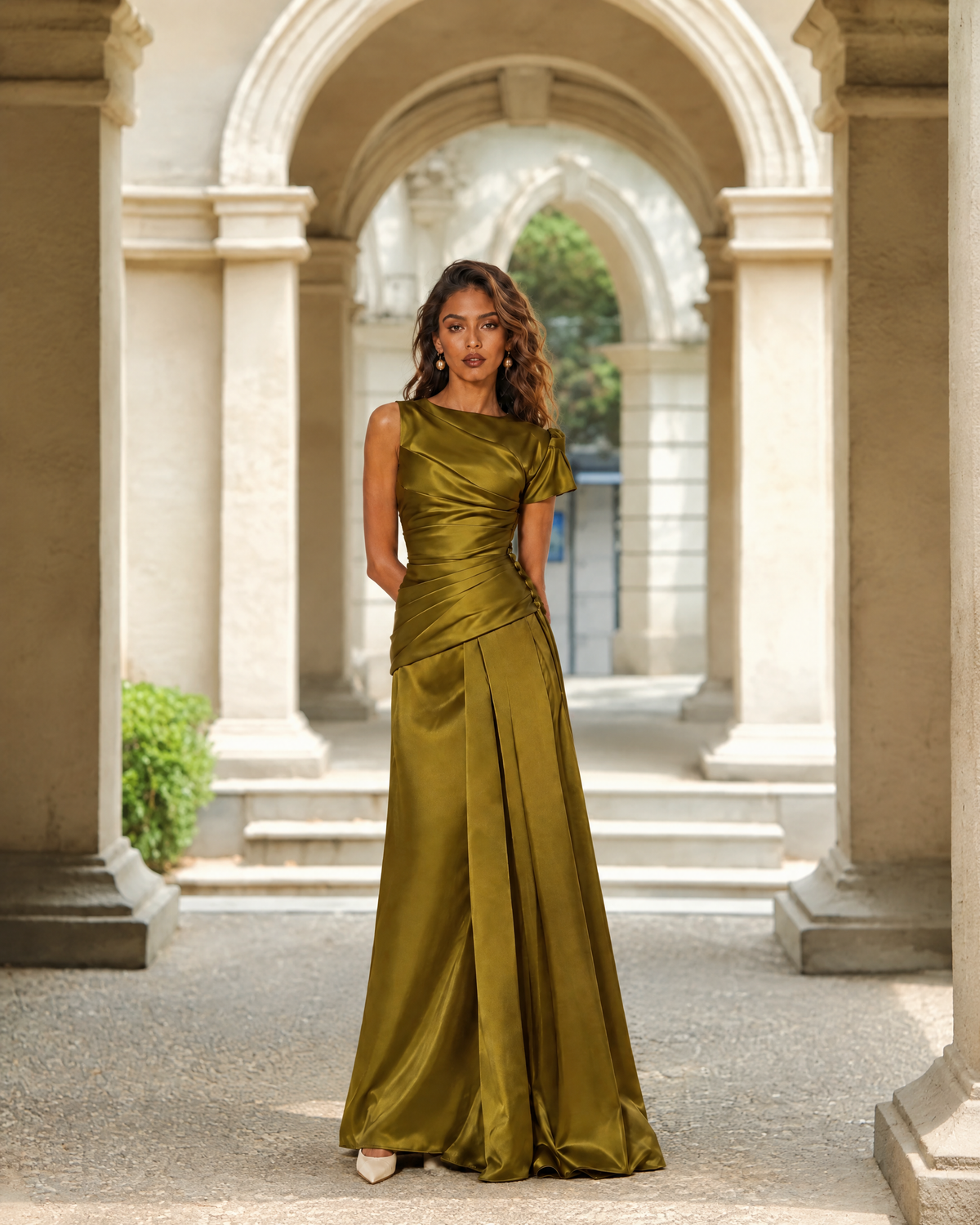 Olive Green Satin Ruched Maxi Dress Short Sleeve Formal Gown