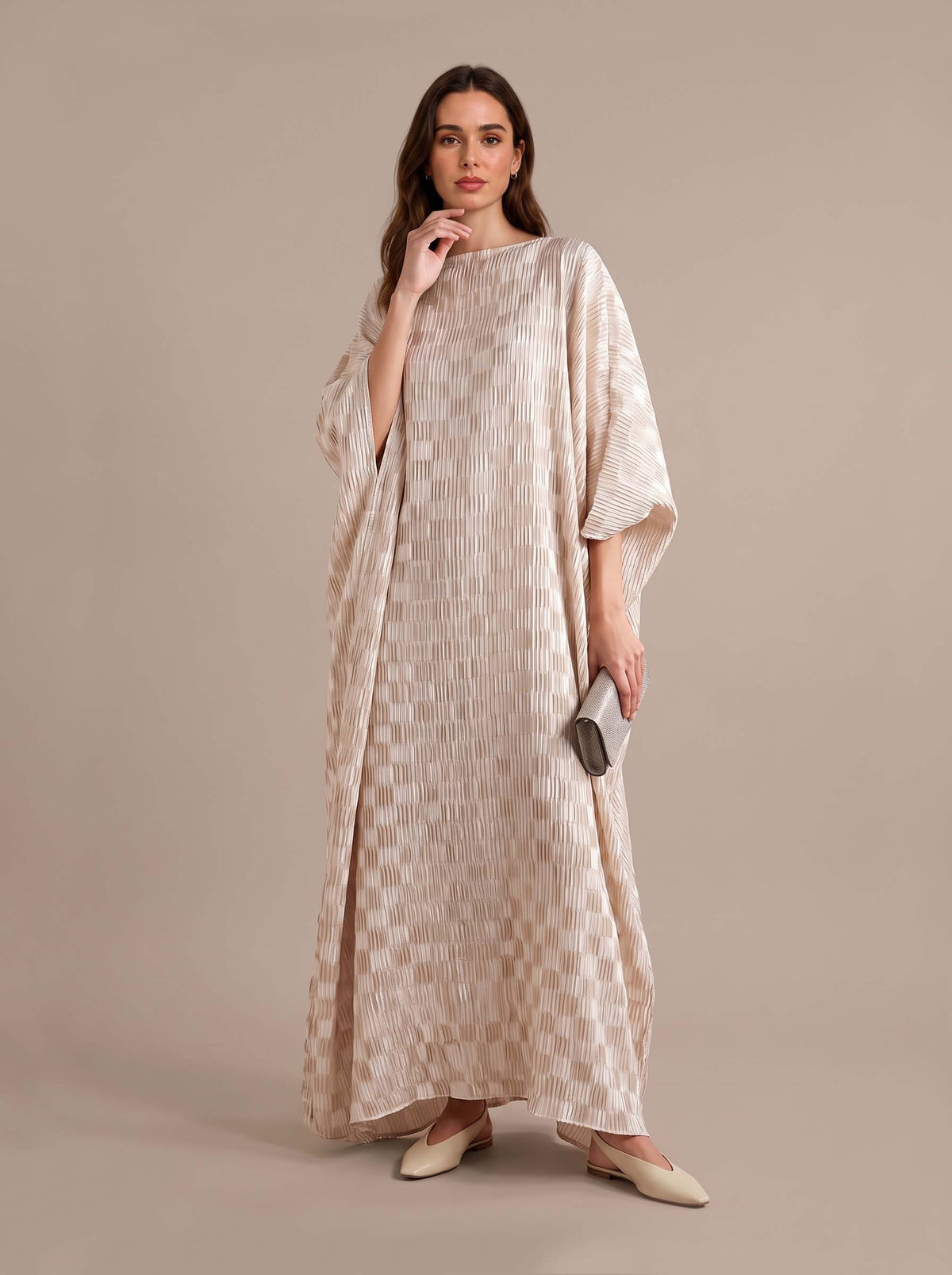 Unique Casual Cocoon Silhouette Plaid Print Pleated Drop Shoulder Sleeve Loose Maxi Dress