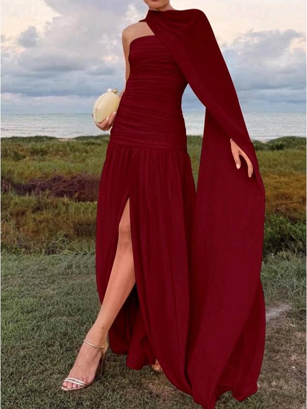 Shawl Ribbon Pleated Maxi Dress